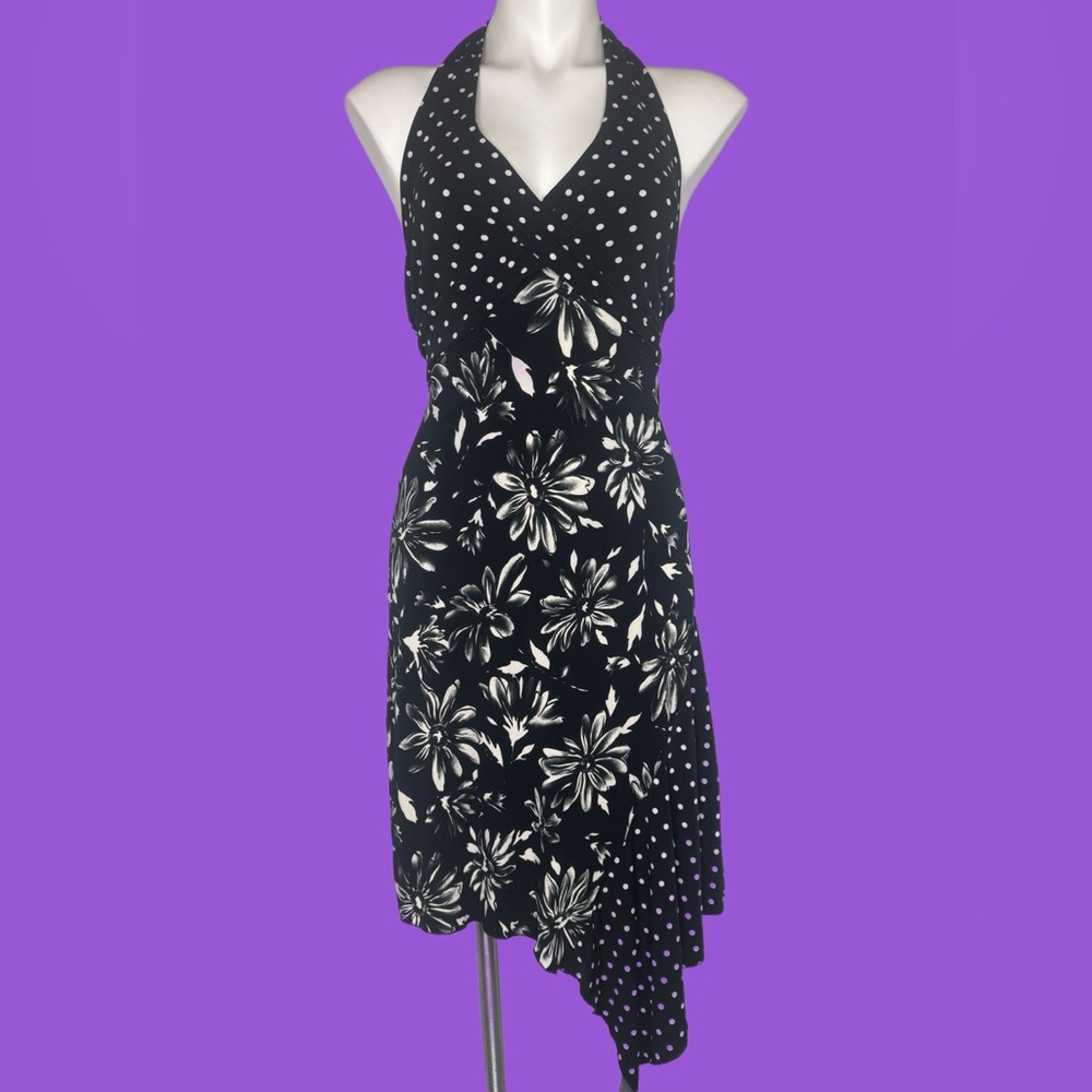 VNTG 90s Black Asymmetrical Polka Dot Floral Halter Dress size Large